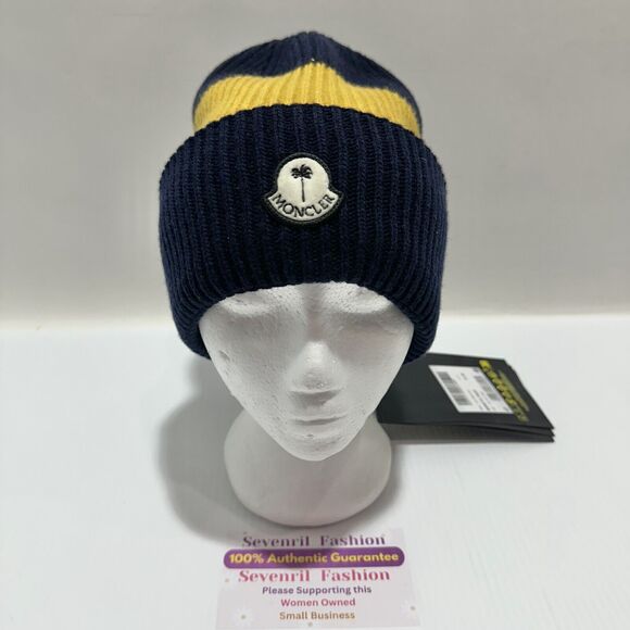 Moncler X Palm Angels Beanie Cap Men OS Navy Yellow Colorblock Knit Wool Hat NWT - Picture 9 of 14